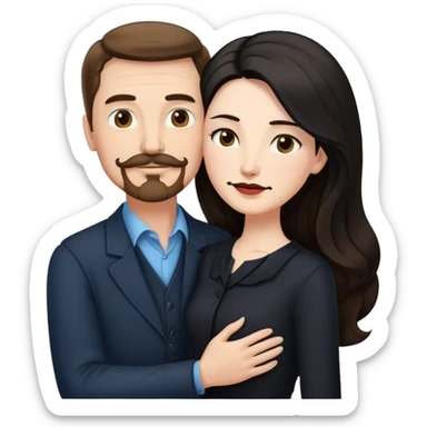 middle aged couple, tall white man with brown hair goatee mustache hugging a pale woman with long black hair, wearing elegant clothing sticker