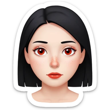 young woman with straight black hair, minimal makeup, and scattered red freckles sticker