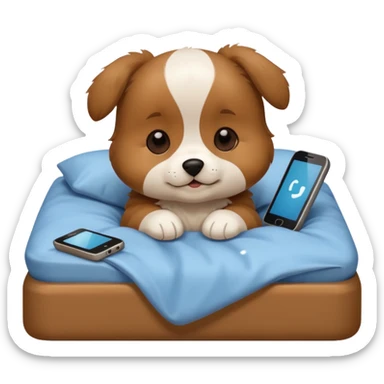 puppy in bed with phone sticker