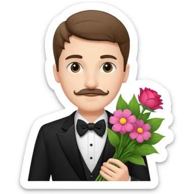 generate an ios genmoji of a 20 year old fair boy with very few mustache hair, carrying a flower bouquet, wearing a tux sticker