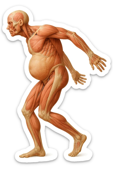 corpo umano anatomico realistico che si butta con la schiena e le spalle in avanti, pancia sporgente e postura delle spalle chiuse, isolato su sfondo bianco sticker