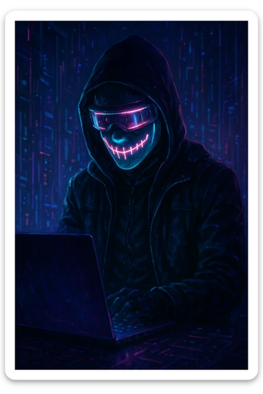 a hacker wearing a mask, digital or cyberpunk style sticker