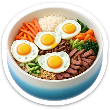 Cinematic Realistic Bibimbap Dish Emoji, showcasing a colorful bowl of mixed rice, assorted vegetables, beef, and a fried egg rendered with lifelike detail and vibrant, harmonious lighting. sticker