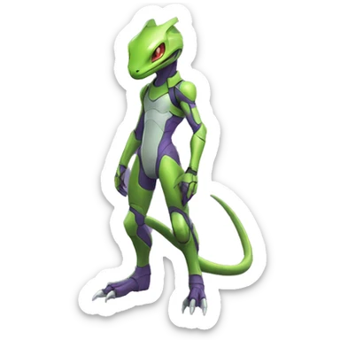 A Lizard-Reptile-Raptor-Alien-Genesect-Mewtwo-Fakémon, with a futuristic visor-helmet, wearing a techwear-suit, Full Body sticker
