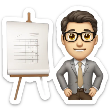 Pale skinned fit man with dark brown hair in gray jacket, beige office shirt, brown tie, brown pants and vintage glasses Writing on the flipchart sticker
