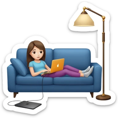 A girl is working with a laptop while lying on a sofa, with a floor lamp to the right. sticker