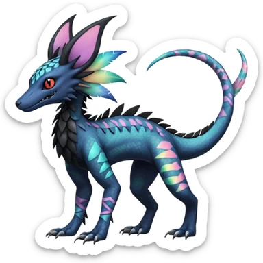 Rare realistic tribal patterned whitish pastel colorful iridescent shiny glossy feathery epic handsome gorgeous aesthetic black-skulled Vernid-Trico-Sergal-Salandit-Nargacuga-species-Fakemon-creature by LiLaiRa, 4 legs, 1 tail, random markings, (full body) long ears sticker