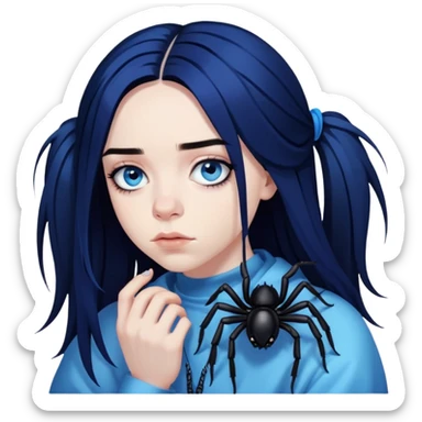 billie eilish, blue eyes, long black hair, dark eyeliner makeup, holding blue spider sticker