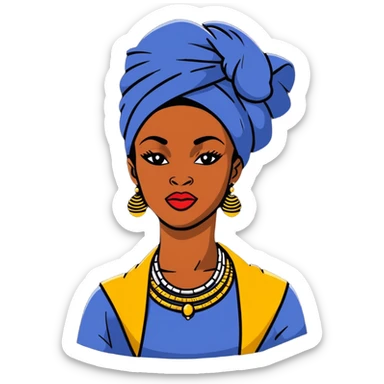 Fashionable African woman with designer clothes, stylish headwrap, statement jewelry and confident pose sticker