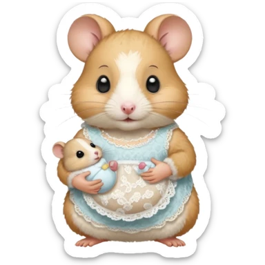 Mama white pretty hamster girl wearing lace dress holding a baby hamster wearing nappy and dummy sticker