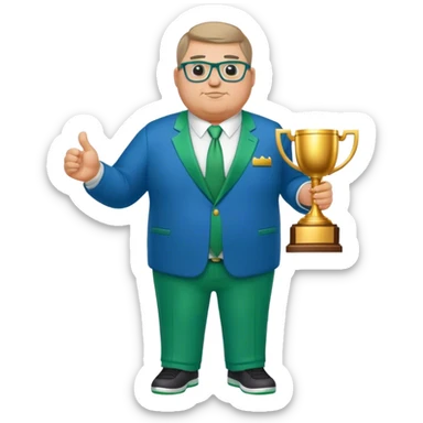 full body white obese male basketball coach with trophy. Wearing glasses and blue and green suit sticker