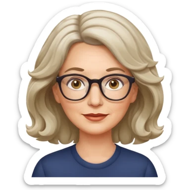 middle-aged white woman, wavy medium-length hair, hazel eyes, glasses sticker