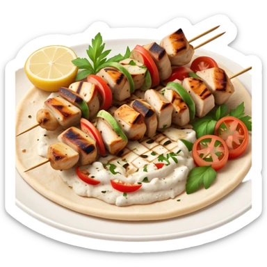 cinematic-realistic-souvlaki-dish-emoji,-showcasing-skewered,-2 grilled-chicken-with-mediterranean-spices-rendered-with-dynamic-textures-and-warm,-appetizing-lighting on pita bread on a plate sticker