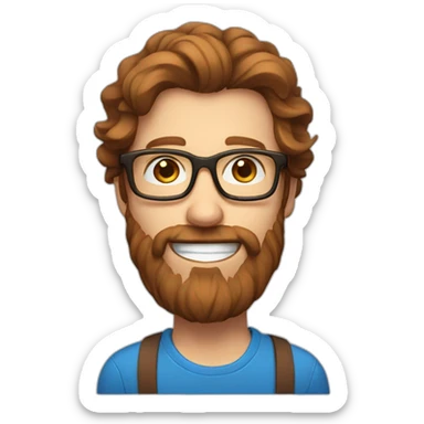 a Scandinavian man with blue eyes long and brown hair and a beard and red glasses and a big smile sticker
