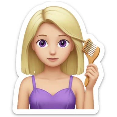 blonde girl with greenish eyes in a soft purple dress, combing her hair, iOS emoji style sticker