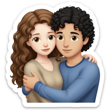 girl with long light brown hair and pale skin hugging a boy with black curly hair and tanned skin sticker