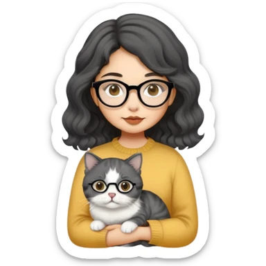 Young woman with oval face and warm yellow-toned skin, black wavy hair, thin-framed glasses, holding a grayish-white Munchkin cat with short legs and charcoal-gray marking under its mouth sticker