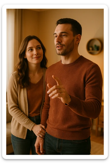 a woman stands slightly behind a man in a domestic setting, looking at him con fiducia e attesa. Il man is upright, with a confident and decisive posture, gently gesturing as if giving direction. The woman’s body language is relaxed and receptive, showing that she trusts and follows his lead. The background is warm and softly lit, emphasizing the couple’s dynamic. sticker