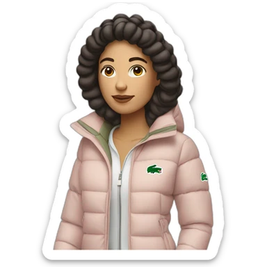 latina woman using Lacoste puffer jacket sticker