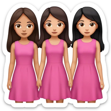 Three sisters, light skin with long dark brown hair, tan skin long black hair, tan skin dark brown short hair, pink dresses sticker