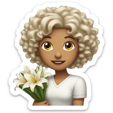 Curly haired white girl holds a bouquet of lilies sticker