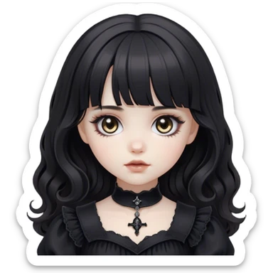 a pale white doll girl with medium black wavy hair and bangs with big light brown eyes wearing black gothic clothes sticker