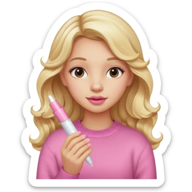 A long curled blonde haired  young girl with a pink sweater and holding a clear lip gloss sticker