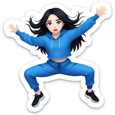 billie eilish with black long hair, blue eyes with dark eyeliner makeup, jumping sticker