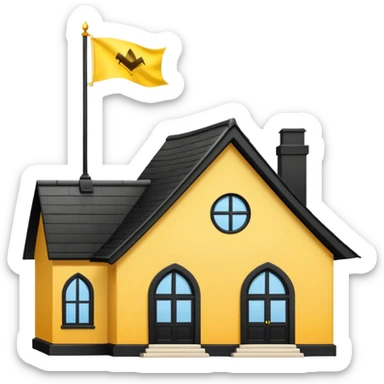 white background, magic school, black roof, with a big flag, big flag on a roof, big yellow flag, white school sticker