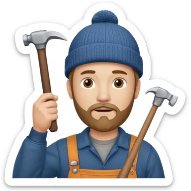 Woodworker goatee knit cap Carharttk shirt hand raised above head sticker