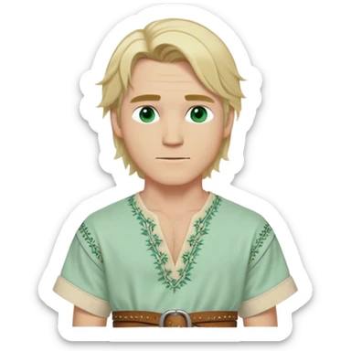 Medieval summer outfit worn by a DnD themed fantasy male character. Light cotton tunic in natural cream color with short sleeves, embroidered with simple floral patterns at the hem, paired with a thin leather belt. Clothes only above the waist, full waist coverage. The character has no arms. Character is white-skinned with sun-bleached blonde hair in shoulder-length layers, partially tied back with a leather cord, sea-green eyes, and defined cheekbones. sticker