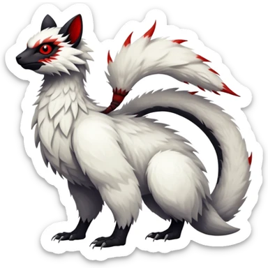 a white exotic edgy vernid-fionbr-Fakémon-creature, with black belly and red eyes, full body sticker