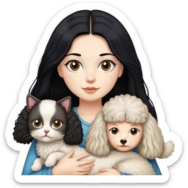 Lady with long black hair, with a Ragdoll cat and a small poodle  sticker