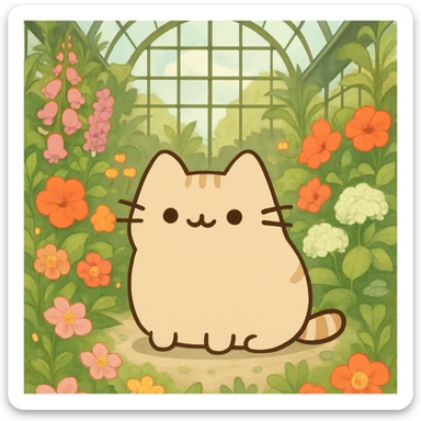 beige blonde kawaii pusheen-style kitten in a botanical garden greenhouse filled with flowers sticker