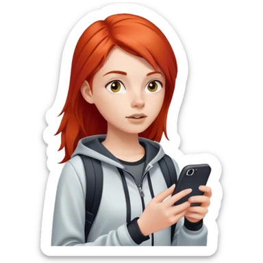 teen tourist girl in modern sports clothes, red hair  and cell looking up sticker