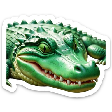 Meme-Worthy Cute Sleeping Crocodile Portrait Emoji, Head resting peacefully with a contented smile, showcasing a robust, powerful build and a luxuriously soft textured emerald-green hide, eyes shut in a serene, restful nap, Simplified yet hilariously adorable features, highly detailed, glowing with a soft, drowsy light, high shine, relaxed and utterly lovable, stylized with an air of playful laziness, bright and heartwarming, soft glowing outline, capturing the essence of a comically sleepy crocodile, so meme-worthy it feels like it could instantly become the next viral sensation of adorable reptilian slumber! sticker