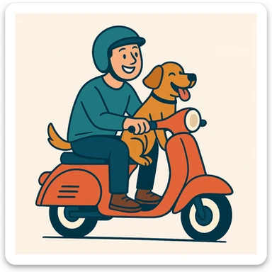 vector art of a man and his pet dog riding a vespa, for website design  sticker