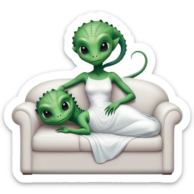 a reptilian alien woman, in white dress, lie on couch comfy, full figure sticker