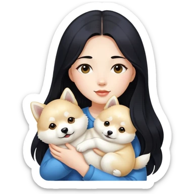 A beautiful girl with long black hair is holding a long-haired white Shiba Inu puppy sticker