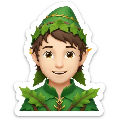 handsome elf with messy brunette hair wearing a leafy outfit and smile confidently sticker