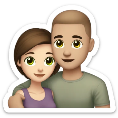 white skin Boyfriend with a light brown buzzcut and green eyes and medium length dark brown hair girlfriend with black eyes hugging sticker