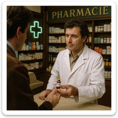 Realistic image of a pharmacist in France in 1980 delivering a vial of Trenbolone to a customer. The scene includes 1980s clothing and pharmacy interior decor with historical details. The perspective is a different angle, either a side view or a top-down view, capturing the pharmacy environment authentically. sticker