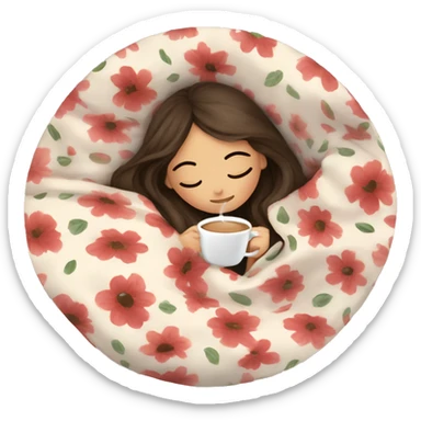 girl brunette inside a blanket sipping coffee eyes closed, floral blanket  sticker