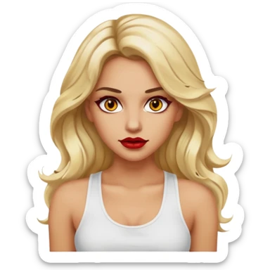 a woman with white tank top her hair is long wavy blonde hair, her face is baddie girl style, her eyes color are yellow and the color of her lip is red maroon sticker