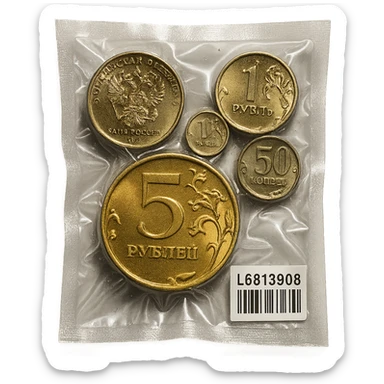 Russian coins, shiny and inflated, vacuum-sealed style sticker