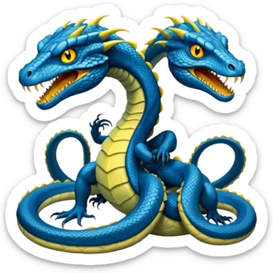 blue hydra, strong reptilian body, not like a snake,  with 3 serpent-like heads rising from its neck sticker