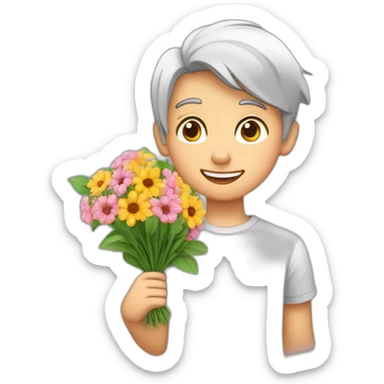 Garçon de 15 ans grand blanc au cheveux brun court qui tient kn bouquet de fleurs sticker