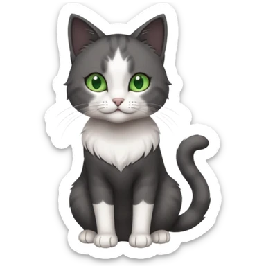 full body view of beautiful female solid dark grey cat with green eyes, white toes/paws and white patch on her chest sticker