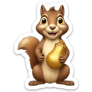 a satisfied squirrel holds a golden nut sticker