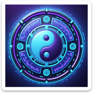 制造几张八卦图 要有时髦感 现代感 科技感 抛开传统感觉"Quantum tech BaGua diagram, yin-yang as flowing particles in neon blue and violet, surrounded by glowing hexagrams in cyberpunk style, holographic interface background with binary code floating, ultra-detailed 8K render --ar 16:9 --v 6" sticker